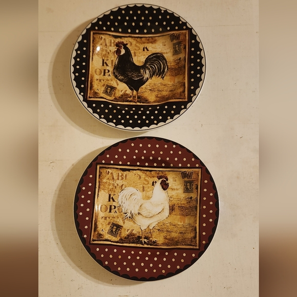 Sakura RETRO ROOSTER & Polka Dots K. Poloson Wall Decor 2 Salad Plates 8.25” - Picture 1 of 3